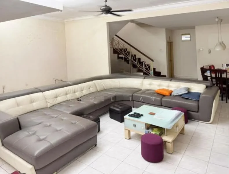 Living features: L-shape sectional sofa in grey and cream, coffee table, floor tiles, ceiling fan, decorative cushions, open layout, staircase in background, dining area visible in background; style: modern.