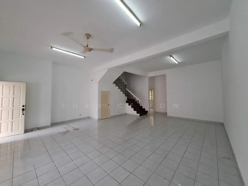 Room features: white painted walls, glossy ceramic tile flooring, ceiling fan, staircase with metal railing, multiple ceiling lights, door with panel design, window with natural light, open layout; style: modern.