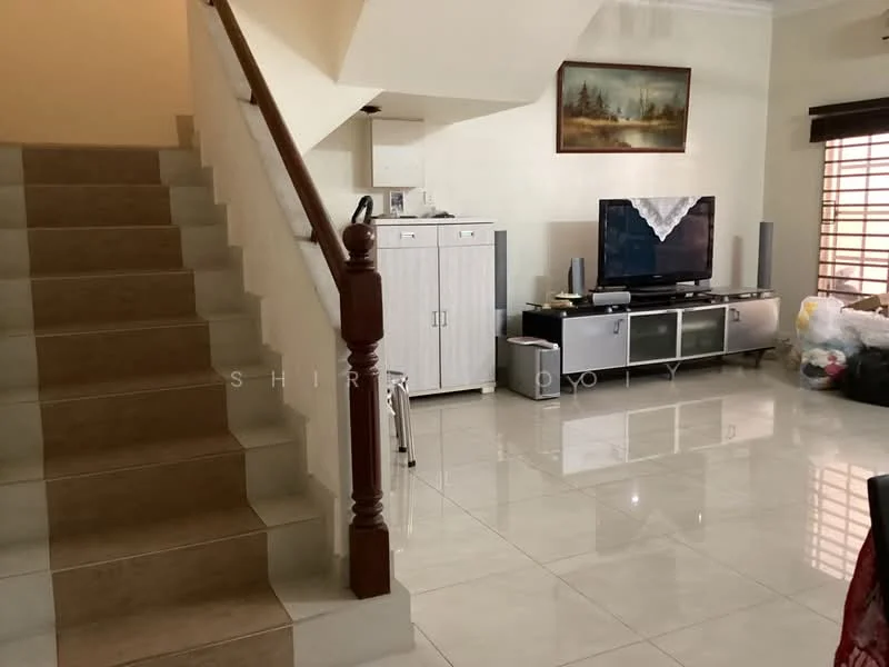 Living features: glossy ceramic tile flooring, white painted walls, ceiling with crown moulding, large window with blinds, wall-mounted TV, TV console in grey, decorative painting on wall, sofa set, coffee table, decorative items, staircase with wooden railing; style: modern. Room features: staircase with beige tiles, wooden handrail, storage cabinet.