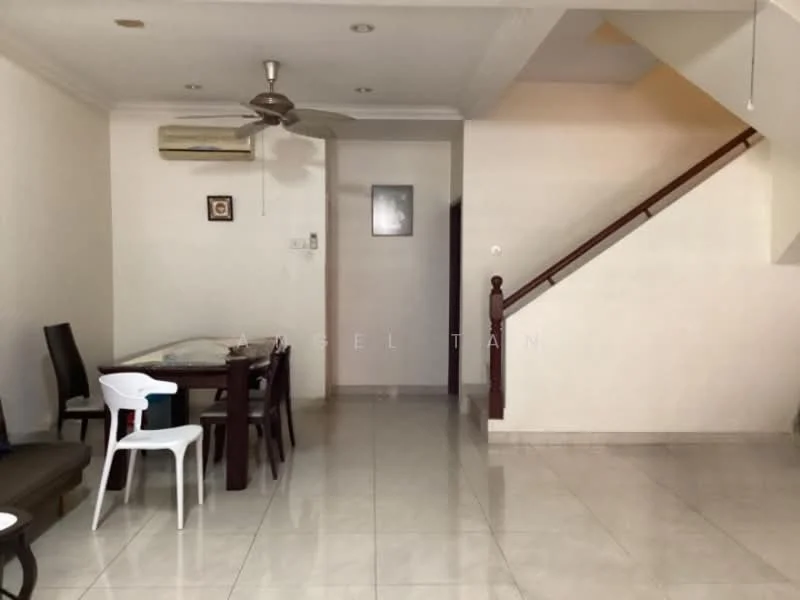 Living features: white painted walls, ceramic tile flooring, 5-blade ceiling fan, wall-mounted split AC, dining table with chairs, staircase with wooden railing, decorative wall frame, open layout; style: modern.