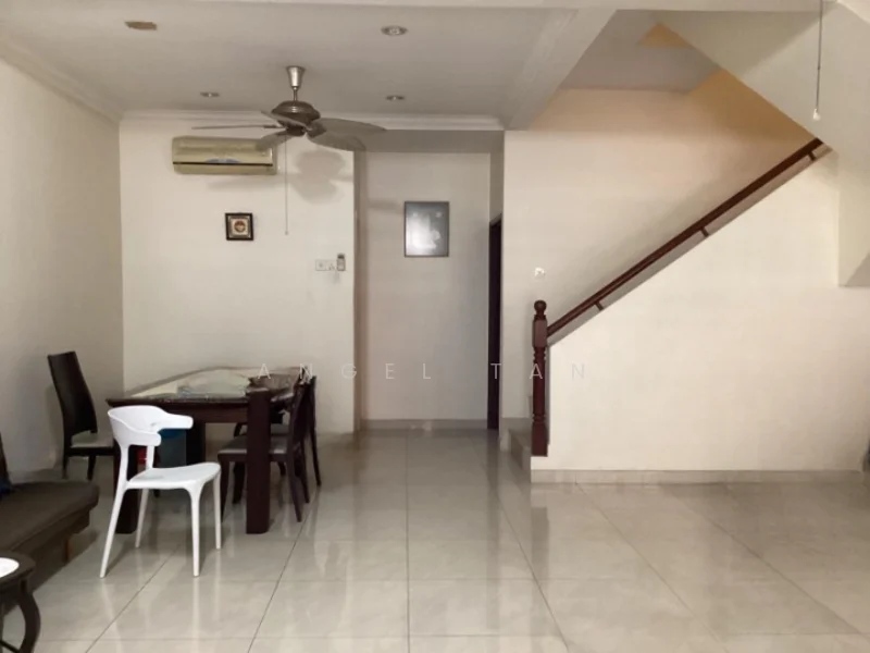 Living features: white painted walls, polished ceramic tile flooring, 5-blade ceiling fan, dining table with chairs, staircase with wooden railing, air conditioning unit on wall, decorative wall art, natural light from window; style: modern.