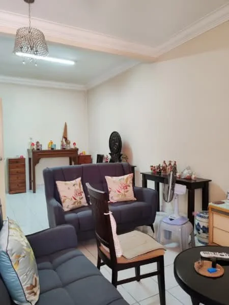 Living features: grey fabric sofa, 2-seater sofa, 3-seater sofa, decorative cushions with floral pattern, wooden coffee table, chandelier with crystal accents, white tiled flooring, cream painted walls, wooden side table, decorative items on shelves, fan, wall-mounted decor; style: traditional.