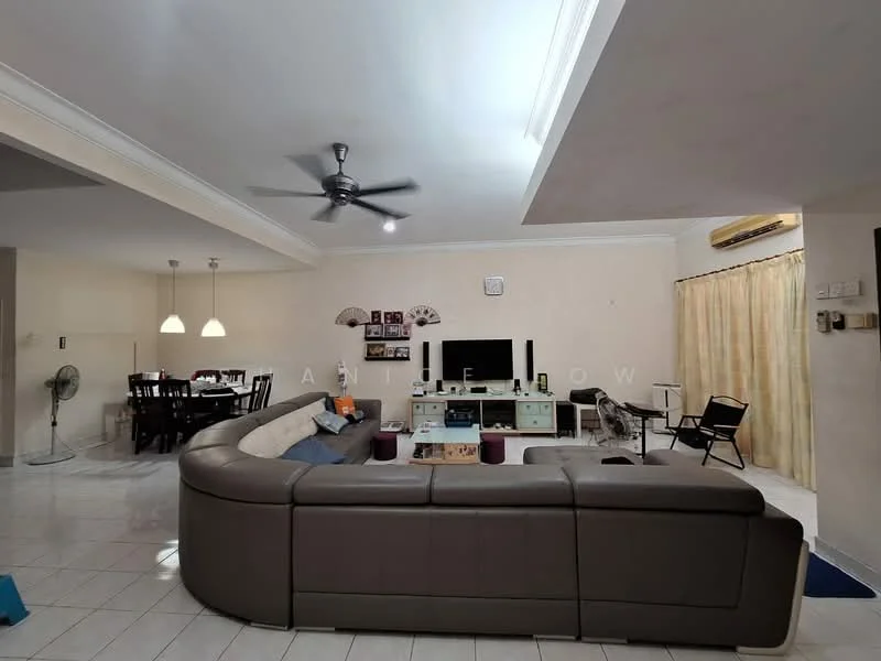 Living features: L-shape sectional sofa in beige, coffee table, wall-mounted TV, TV console, ceiling fan, recessed downlights, white painted walls, tile flooring, decorative wall art, area rug, sliding glass door, curtains; style: modern. Dining features: 6-seater dining table, upholstered dining chairs, pendant lighting, white painted walls, tile flooring; style: modern.
