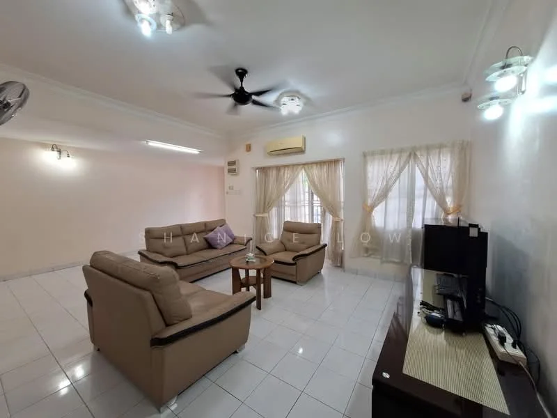 Living features: 3-seater fabric sofa in beige, 2-seater fabric sofa in beige, coffee table, TV console, wall-mounted TV, ceiling fan, recessed downlights, curtains, white tiled flooring, air conditioning unit, decorative wall lights; style: modern.