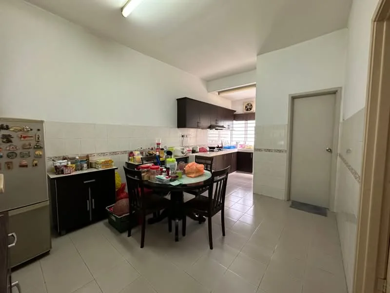 Kitchen features: white painted walls, tile flooring, black cabinetry, stainless-steel fridge, round dining table, 4 dining chairs, window with blinds, sink, countertop, door to hallway; style: modern.