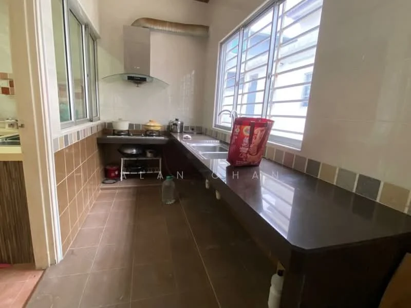 Kitchen features: brown granite countertop, white tiled backsplash, stainless-steel range hood, built-in gas stove, single-bowl stainless-steel sink, wood cabinetry, window with metal grille, tile flooring, kitchen island with seating; style: modern.