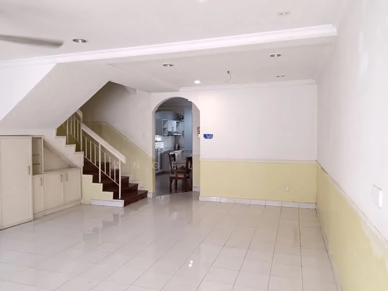 Living features: white painted walls, cream painted accent wall, glossy tile flooring, ceiling with recessed lighting, 5-blade ceiling fan, staircase with wooden steps, built-in cabinetry, archway leading to kitchen, dining area visible in background; style: modern.