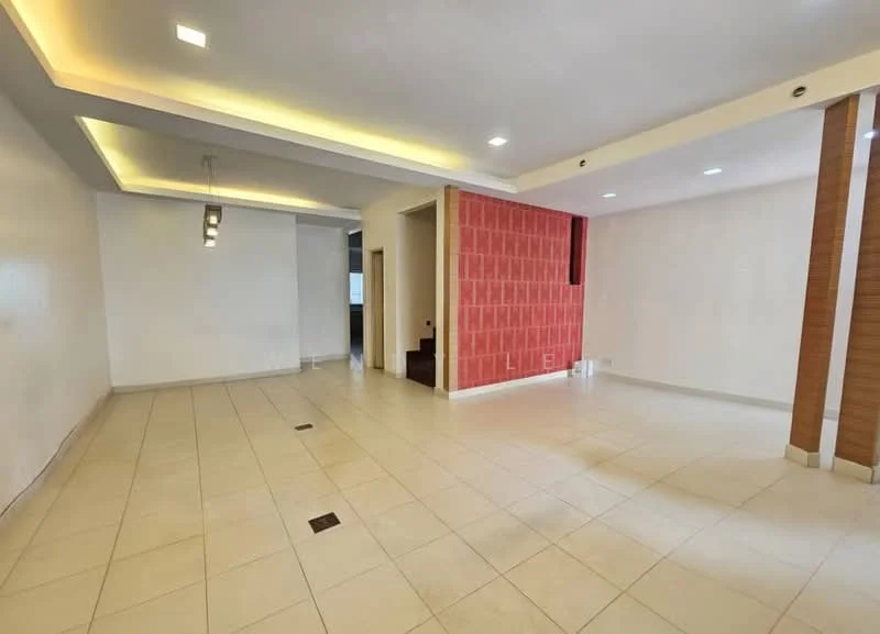 Room features: white painted walls, red accent wall with geometric pattern, recessed ceiling with LED lighting, tile flooring, multiple ceiling lights, staircase visible in background, open layout, large windows for natural light; style: modern.