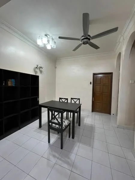 Dining features: white painted walls, ceiling with recessed downlights, 5-blade ceiling fan with light, square dining table in black, 4 dining chairs with patterned cushions, black shelving unit, white tiled flooring, arched doorways; style: modern.