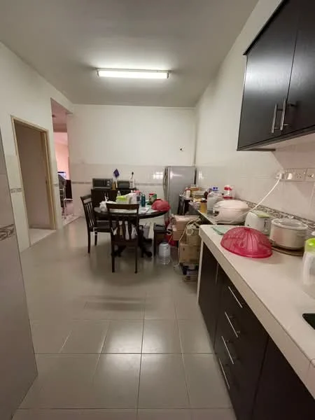 Kitchen features: white tiled walls, light grey floor tiles, dark wood cabinetry, stainless-steel fridge, dining table with four chairs, various kitchen appliances, countertop with sink, microwave, rice cooker, plastic food containers, cooking utensils, bowl with lid; style: modern.