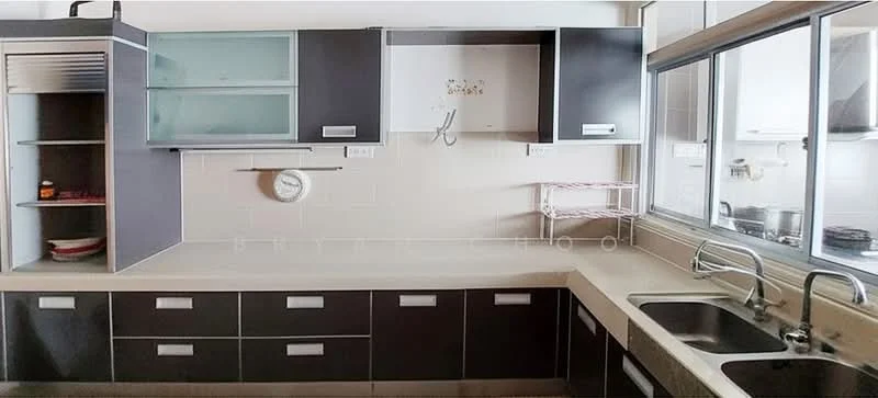 Kitchen features: dark wood cabinetry, light-colored countertop, double-bowl stainless-steel sink, chrome pull-down faucet, built-in oven, microwave, wall-mounted shelves, white tiled backsplash, kitchen clock, open shelving, glass-front upper cabinets, stainless-steel appliances, recessed lighting; style: modern.