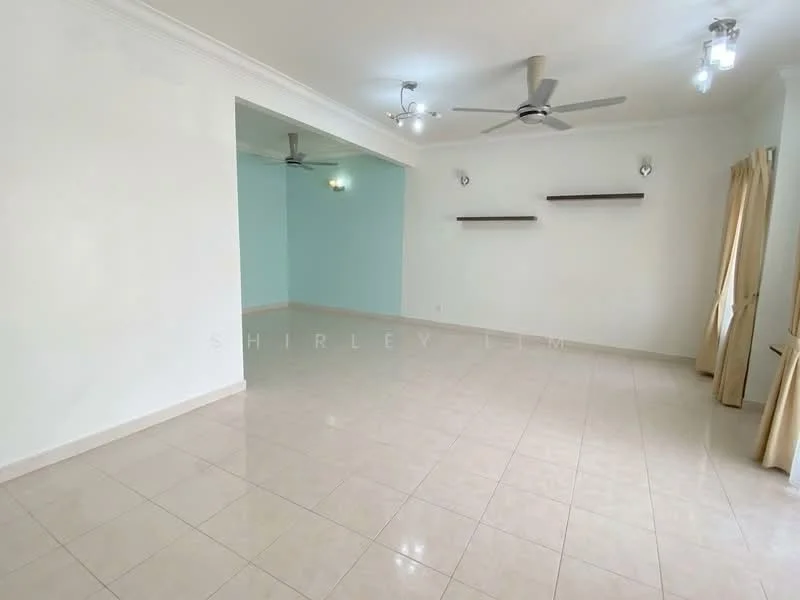 Living features: cream tiled flooring, white painted walls, light blue accent wall, 2 ceiling fans, 2 wall-mounted lights, curtains, open layout, shelves on wall; style: modern.
