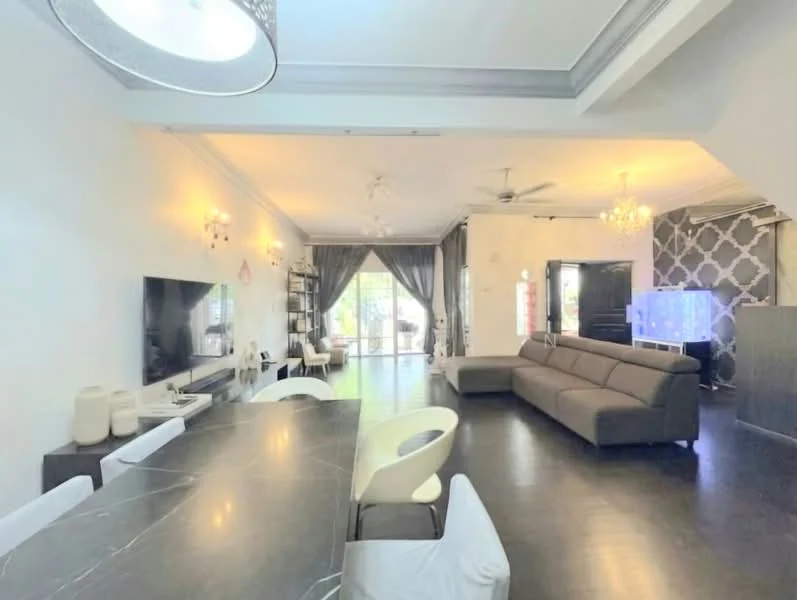Living features: dark wood flooring, white painted walls, tray ceiling, 5-blade ceiling fan, chandelier, wall-mounted TV, sofa in grey fabric, coffee table, decorative wall with geometric pattern, large sliding glass door, curtains, open layout to dining area; style: modern; view: garden. Dining features: marble dining table, white upholstered dining chairs, decorative vases, open shelving unit, wall-mounted decor; style: modern; view: garden.