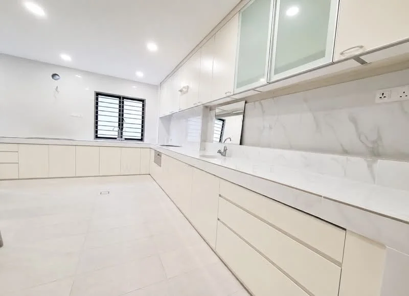 Kitchen features: white cabinetry with glass-front upper cabinets, marble countertop, stainless-steel sink, chrome pull-down faucet, white tiled backsplash, recessed LED downlights, light-colored tile flooring, multiple drawers and cabinets, window with black grille, mirror finish on some cabinetry; style: modern.