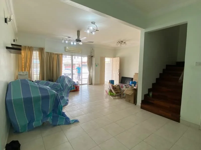 Living features: white painted walls, cream tiled flooring, 5-blade ceiling fan with light, large sliding glass door, floor-to-ceiling windows, curtains, staircase with wooden steps, decorative wall shelf, area rug, furniture covered with fabric; style: modern.