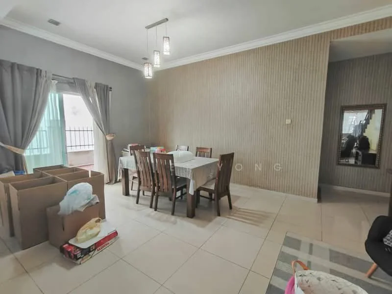 Dining features: dining table with 8 chairs, grey painted walls, light-colored tiled flooring, chandelier with multiple pendant lights, large window with sheer curtains, mirror on wall, decorative wall paneling, boxes stacked in corner; style: modern.