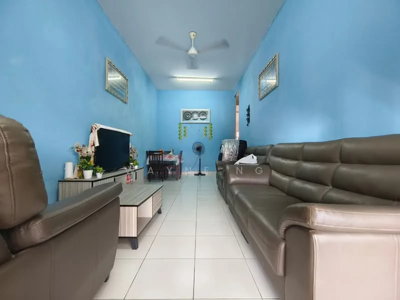 Living features: light blue painted walls, white tiled flooring, 5-blade ceiling fan, 3-seater leather sofa in brown, 2-seater leather sofa in brown, coffee table, TV console, wall-mounted TV, decorative mirrors, floor fan; style: modern.