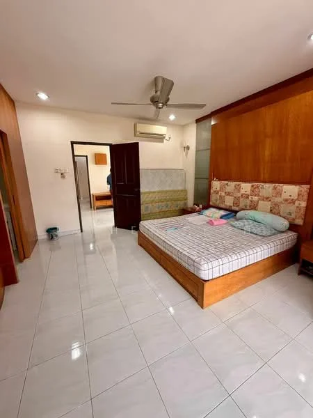 Bedroom features: queen-size bed, upholstered headboard, wooden bed frame, white bed linens, 2 bedside tables, table lamps, built-in wardrobe with sliding doors, white tiled flooring, ceiling fan with light, wall-mounted air conditioning unit, decorative wall paneling, neutral wall color; style: modern.