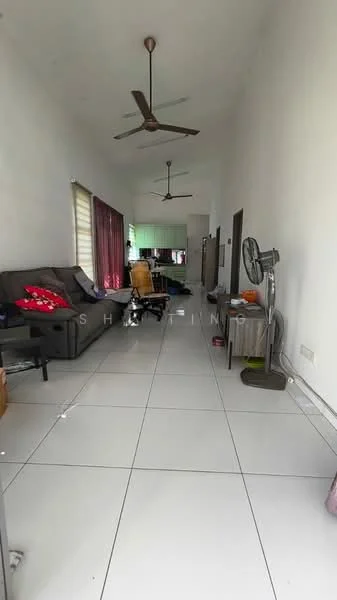 Living features: white painted walls, high ceiling, large windows with sheer curtains, grey fabric sofa, ceiling fan with light, tile flooring, wooden dining table, plastic chair, standing fan, decorative items on side table; style: modern.
