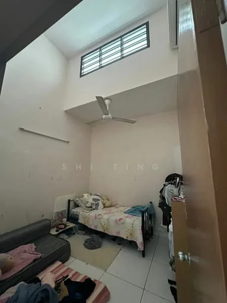 Bedroom features: white painted walls, sliding window with horizontal bars, ceiling fan, single bed, sofa, area rug, built-in wardrobe, tile flooring.
