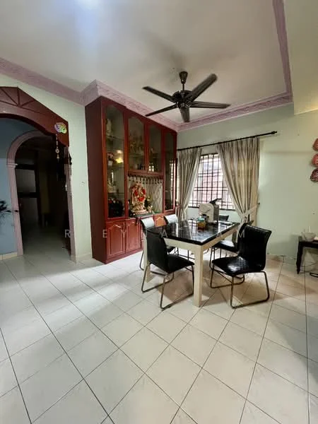 Dining features: white tiled flooring, 4-seater dining table, black dining chairs, ceiling fan with light, decorative wall unit with glass doors, curtains on windows, wall with decorative elements, archway leading to another room; style: traditional.