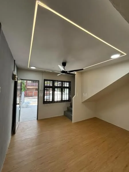 Living features: wooden flooring, grey painted walls, tray ceiling with LED strip lighting, 5-blade ceiling fan, floor-to-ceiling windows, black window grills, staircase leading to upper level, door leading outside; style: modern.