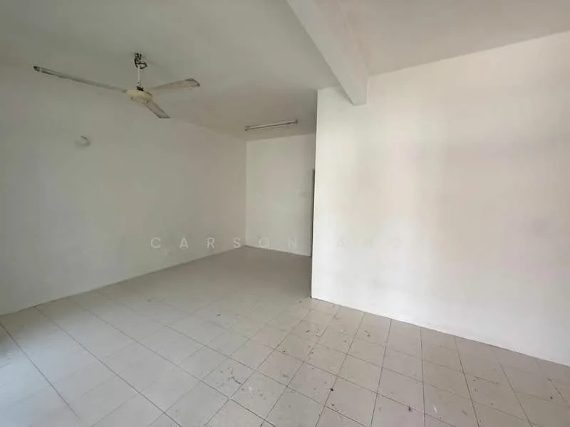 Room features: white painted walls, plain ceiling, ceiling fan, tile flooring.