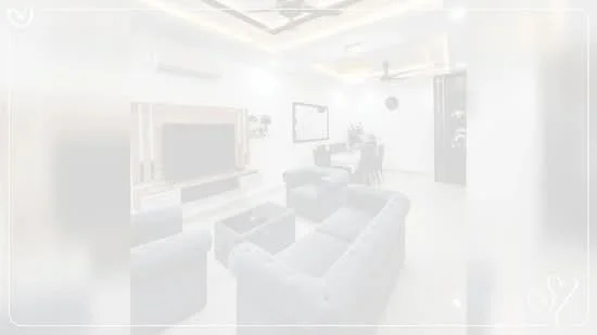 Living features: 3-seater fabric sofa in grey, 2-seater fabric sofa in grey, coffee table, wall-mounted TV, TV console, ceiling fan with integrated light, recessed downlights, white painted walls, tile flooring, decorative wall panel, dining table with chairs, open layout; style: modern.