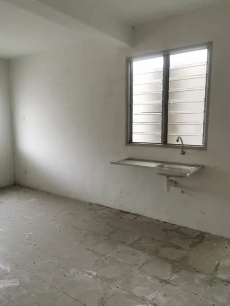 Laundry features: white painted walls, tile flooring, single-bowl stainless-steel sink, wall-mounted faucet, window with horizontal slats.