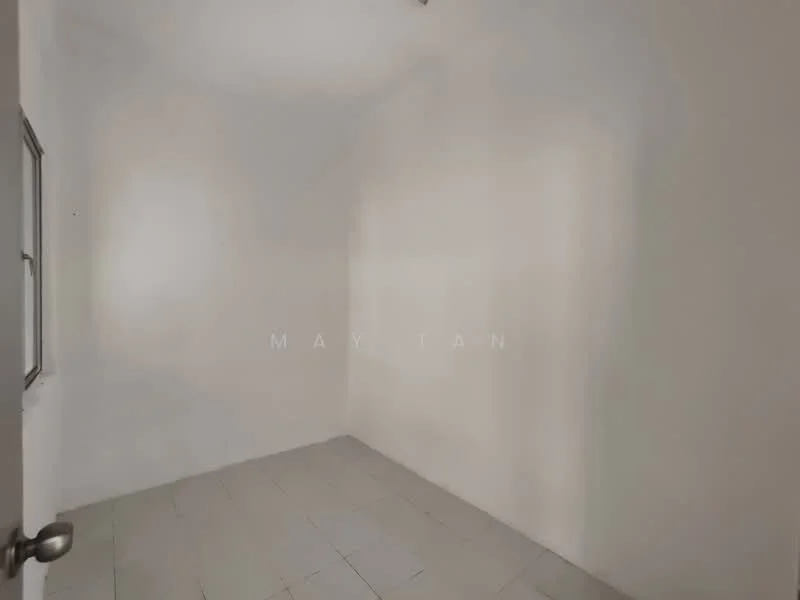 Room features: white painted walls, plain ceiling, tile flooring, single window, door with knob, empty space; style: minimalist.