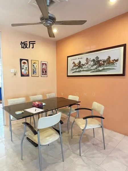 Dining features: dining table with glass top, 6 dining chairs with metal frame, 5-blade ceiling fan with light, orange painted walls, framed artwork on wall, tile flooring, wall-mounted light switch, decorative wall art; style: modern.