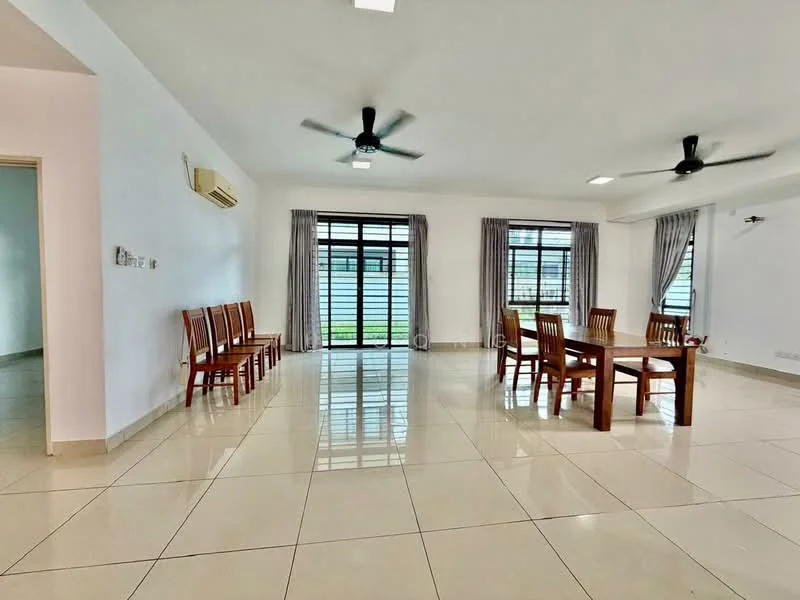 Living features: white painted walls, glossy ceramic tile flooring, 5-blade ceiling fan with light, 2 ceiling fans, large windows with horizontal slats, sheer curtains, dining table with 6 chairs, wooden dining table, open layout, air conditioning unit on wall; style: modern; view: garden.
