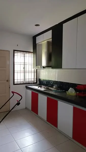 Kitchen features: black countertop, red and white cabinetry, stainless-steel range hood, built-in oven, single-bowl stainless-steel sink, window with metal grille, tile flooring, wall-mounted cabinet, kitchen utensils on countertop; style: modern.