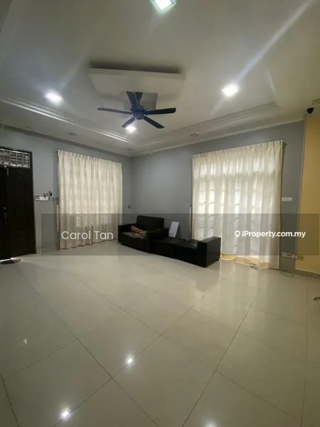 Living features: white painted walls, grey accent wall, polished ceramic tile flooring, tray ceiling, 5-blade ceiling fan with light, floor-to-ceiling windows, sheer curtains, black leather sofa, decorative wall panel, LED recessed lighting; style: modern.