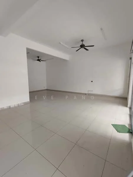 Room features: white painted walls, polished ceramic tile flooring, 2 ceiling fans, large windows, sliding glass door, natural light, open layout, neutral color scheme; style: modern; view: garden.
