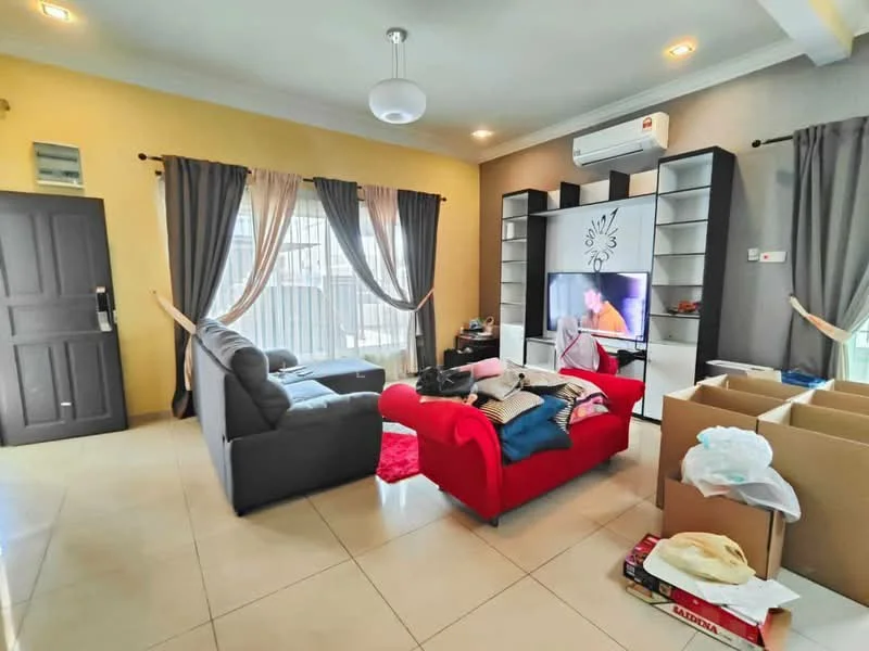 Living features: grey fabric 3-seater sofa, red fabric 2-seater sofa, coffee table, TV console, wall-mounted TV, area rug in red, curtains in grey, ceiling light fixture, air conditioning unit, tile flooring, decorative wall with yellow paint, built-in shelving unit; style: modern.