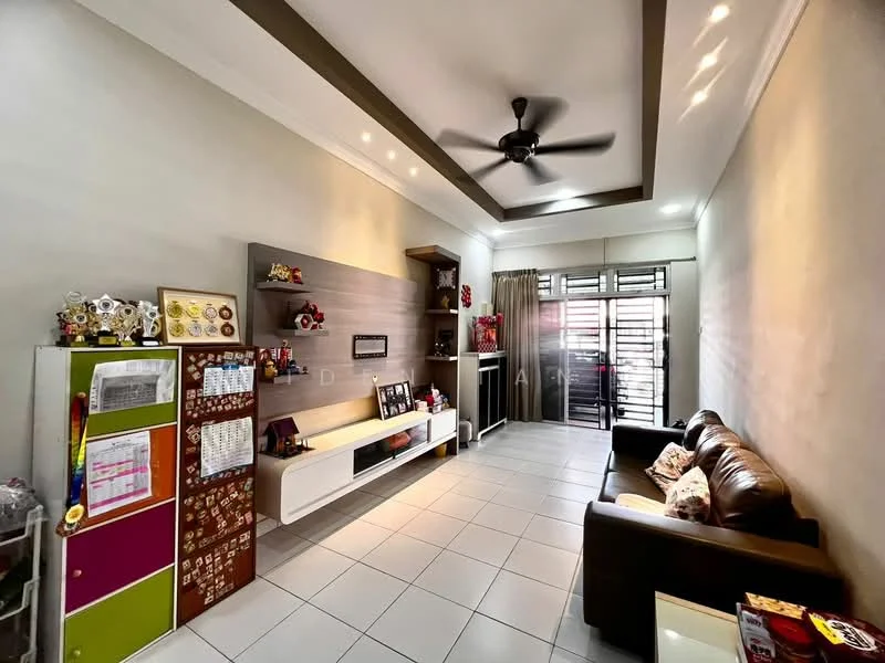 Living features: cream painted walls, white ceiling with recessed downlights, 5-blade ceiling fan, floor-to-ceiling windows with sheer curtains, brown leather sofa, white TV console, wooden feature wall, tile flooring, decorative wall shelves, framed artwork, coffee table, storage cabinet with colorful doors; style: modern.
