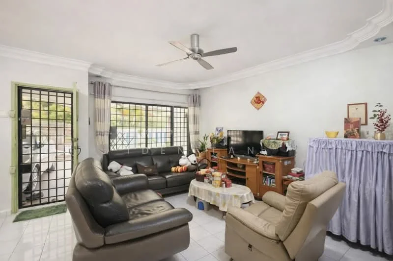 Living features: cream painted walls, white ceiling with crown moulding, 5-blade ceiling fan with light, floor-to-ceiling windows with security bars, sliding glass door, light-colored tiled flooring, black leather sofa, beige armchair, wooden TV console, wall-mounted TV, decorative wall art, coffee table, area rug; style: contemporary.