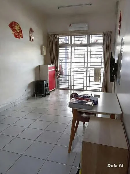 Living features: white painted walls, tile flooring, 1 wall-mounted split AC, large window with metal grille, curtains, wooden dining table, black plastic stool, red fridge, TV mounted on wall, decorative wall art.