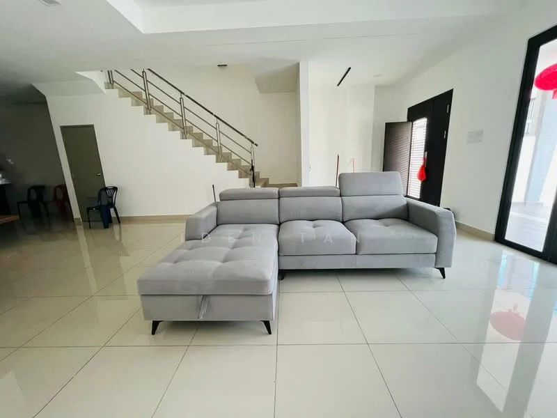 Living features: grey fabric L-shape sectional sofa, marble tile flooring, white painted walls, large floor-to-ceiling windows, natural light, staircase with metal railing, recessed ceiling lights, open layout; style: modern.