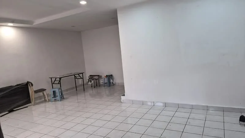 Room features: white painted walls, glossy tile flooring, recessed downlights, table, plastic stools, empty space, no visible decor; style: minimalist.