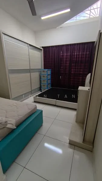 Bedroom features: queen-size bed with teal base, white bedding, built-in wardrobe with sliding doors, purple curtains, white tiled flooring, ceiling fan, blue storage drawers, wall-mounted mirror, natural light from skylight; style: modern.