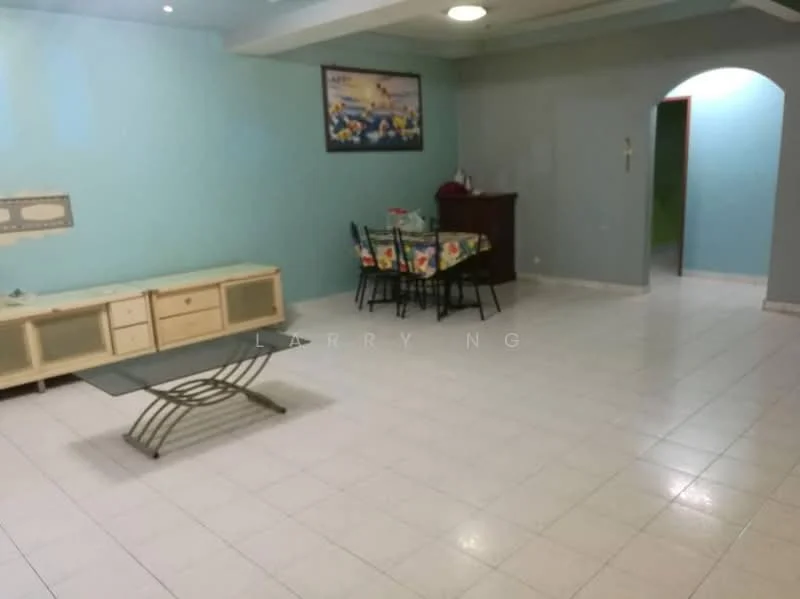 Living features: light blue painted walls, white tiled flooring, ceiling with recessed lighting, dining table with floral tablecloth, 4 black dining chairs, wooden sideboard, large wall-mounted artwork, arched doorway leading to another room.