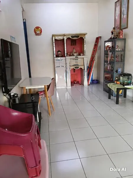 Living features: white painted walls, glossy tile flooring, dining table with chairs, television on wall-mounted unit, display cabinet with glass doors, decorative cabinet with red accents, ladder against the wall, fish tank, plastic chair in red, wall-mounted artwork, open space layout; style: modern.