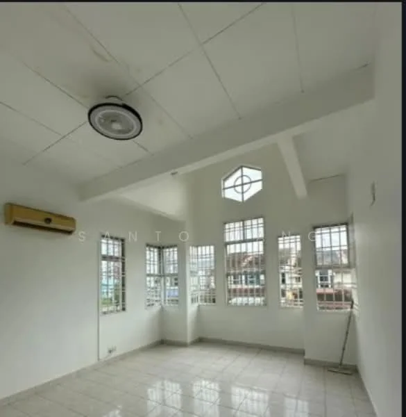 Room features: white painted walls, exposed beams, ceiling fan, tile flooring, multiple windows, air conditioning unit, skylight, corner windows; style: modern; view: city.