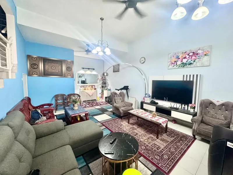 Living features: grey fabric L-shape sectional sofa, 2-seater wooden armchair, coffee table with black marble top, area rug with geometric pattern, wall-mounted TV, TV console, decorative wall art, chandelier with multiple bulbs, 5-blade ceiling fan, blue painted walls, white ceiling, light-colored tiled flooring; style: contemporary.