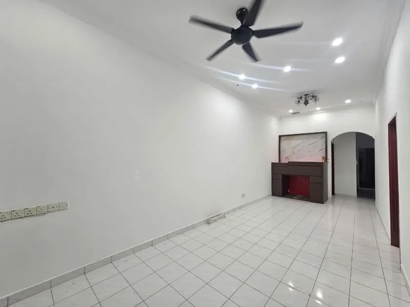 Living features: white painted walls, glossy white ceiling, recessed LED downlights, 5-blade ceiling fan, white tiled flooring, built-in cabinetry, arched doorway, neutral decor; style: modern.