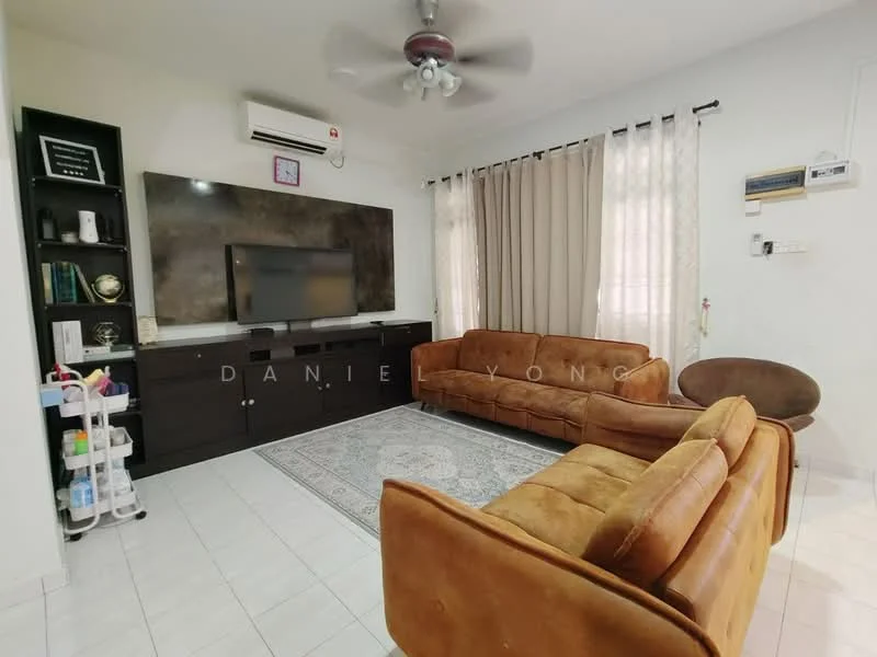 Living features: 3-seater brown leather sofa, 2-seater brown leather sofa, coffee table, wall-mounted TV, TV console with storage, white tiled flooring, ceiling fan with light, curtains, decorative wall clock, air conditioning unit, area rug with geometric pattern; style: modern.