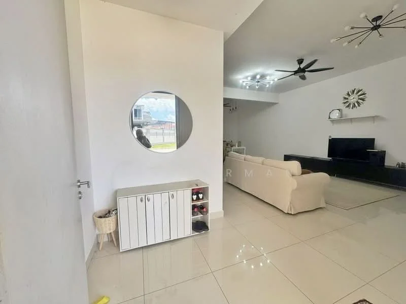 Living features: white walls, glossy white tile flooring, ceiling fan with light, sofa in cream, TV console, wall-mounted TV, decorative wall clock, round mirror, area rug, large windows, natural light, open layout; style: modern. Room features: white cabinet with storage, basket for storage, entryway space.