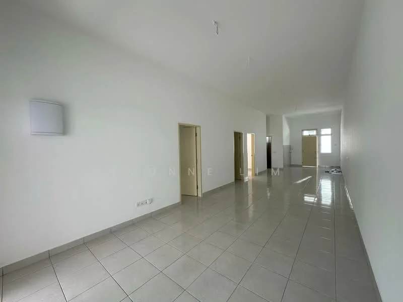 Room features: white painted walls, glossy ceramic tile flooring, high ceiling, two doorways, one window, wall-mounted speaker, no visible furniture, neutral color scheme; style: modern.